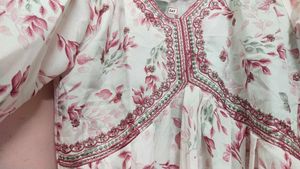 White Nd Pink Colour Floral Embroidered Tunic Dres