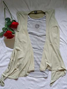 Stylish Striped Top with Light Beige Shrug