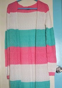 Striped Open Knit Long Cardigan