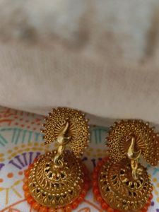 Peacock Style Orange Coloured Jhumkas
