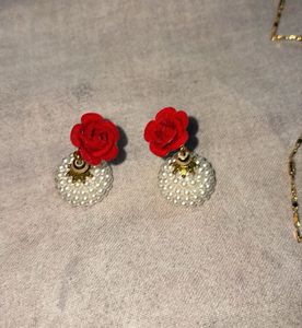 Red Rose Pearl Earrings. Free chain.