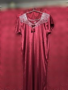 Maroon Satin Nightgown with Lace