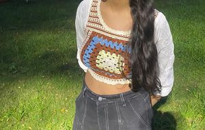 Crochet Crop Top with White Sleeves