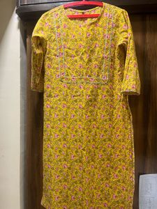 Bright Yellow Floral Block Print Kurta with Lace D