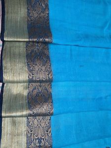 Cyan Color Saree with (blue) Gold Border