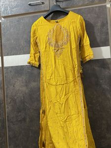 Yellow Embroidered Kurti With Attached Shrara