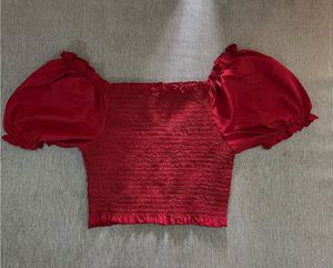 Red Smocked Puff Sleeve Top