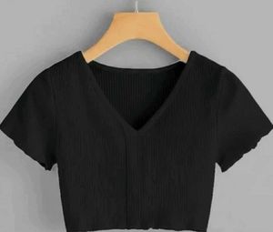 Black V-Neck Ribbed Crop Top