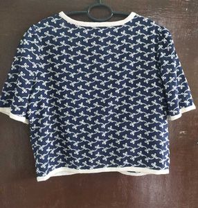 Navy Patterned Cropped Cardigan
