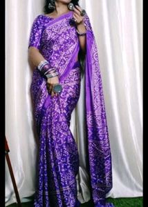 crape Purple Bandhani Saree