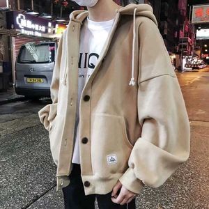 Oversized Beige Button-Up Hoodie Jacket,