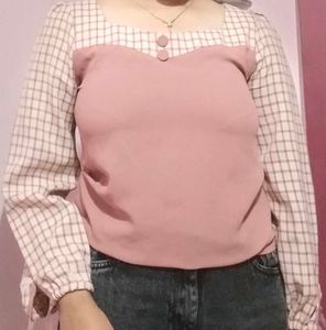 Pink Plaid Sleeve Blouse