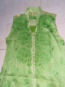 Green Net  Embroidered Kurti