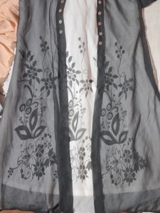 Trendy Stylish White Dress With Black Net Overcoat