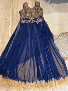 Elegant Navy Blue Embroidered Gown Golden And Roya