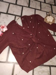 Maroon Knit Sweater with Pearls