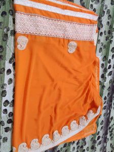 Orange &amp; White Embroidered Saree