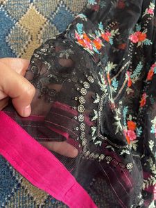 Black Dupatta With Multicolor Embroidery On Border