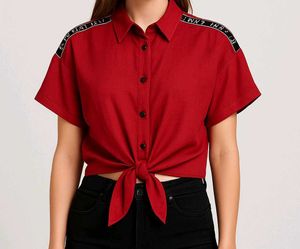 Red Tie-Front Button Down Top