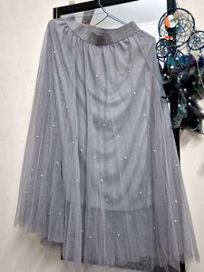 Gray Tulle Skirt with Pearls