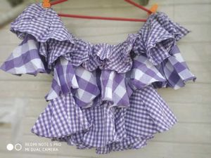 White &amp; Purple Checked Off Shoulder Top
