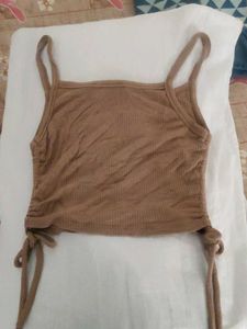 VICTORIA Brown Ribbed Tie-Side Crop Top