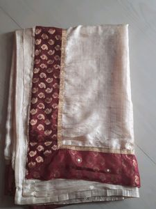 Light Cream Silk Saree With Marron Border