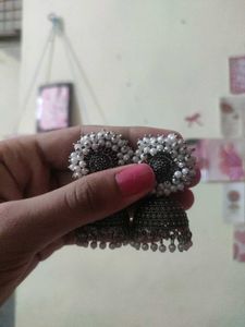 Silver Jhumka Earrings with Pearl Details