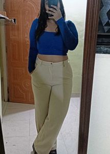Blue Crop Top &amp; Beige Pants Set