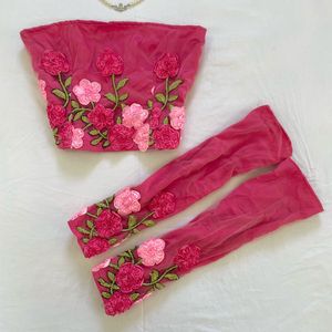 3D Rose Satin Corset Tube Top with Net Gloves
