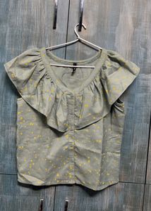Rio Printed Button Down Top With Ruffles