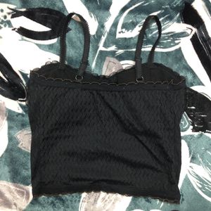 Black Lace Trim Pearl Accent Cami Top