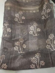 Brown Linen Saree with Palm Tree Print