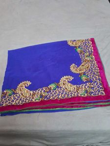 Blue With Golden Aamini Design Pink Velvet Border