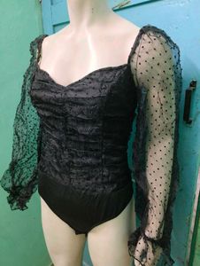 Black Polka Dot Mesh Sleeve Bodysuit