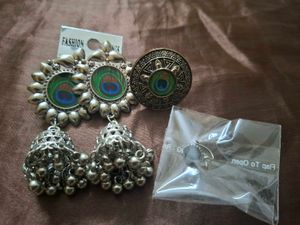 Oxidised Jhumka And Ring Peacock Feather Theme