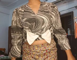 Patterned Tie-Front Crop Top