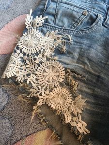 Denim Ripped Shorts with Lace