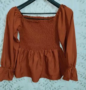 Rust Smocked Square Neck Blouse