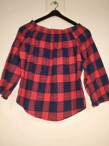Off Shoulder Red & Navy Plaid Top
