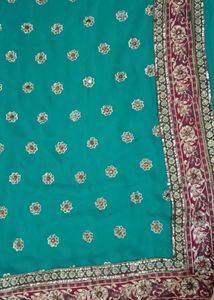 Green Saree with Floral Embroidery &amp; Blouse