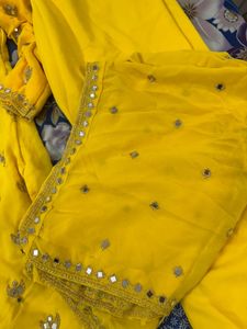 Yellow Mirror Work Kurta Pant Set