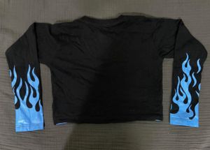 Black Crop Top with Y2K Blue Flame Print
