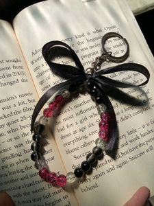 onion pink Beaded Keychain with black ribbon