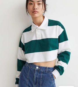 Green And White Stripped Cropped Rugby Shirt