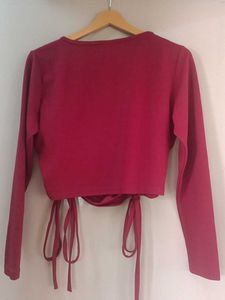 Burgundy Ruched Cropped Long Sleeve Top