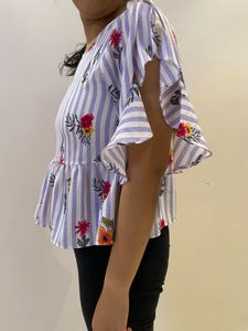 Striped Floral Ruffle Sleeve Top