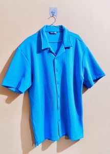Blue Ribbed Button-Down Shirt