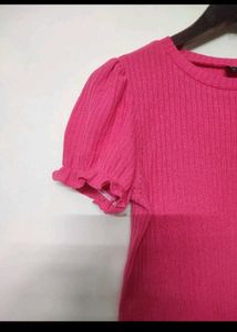 Pink Ribbed Puff Sleeve Top - Shein