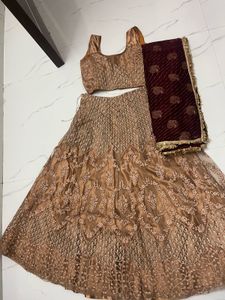 Copper Lehenga Set With Burgundy Odhni